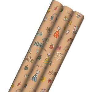 Hallmark Birthday Wrapping Paper, Recyclable Brown Kraft Gift Wrap (3 Rolls: 60 sq. ft. ttl) Kids Birthday, Retro Icons, Roller Skates, Skateboard