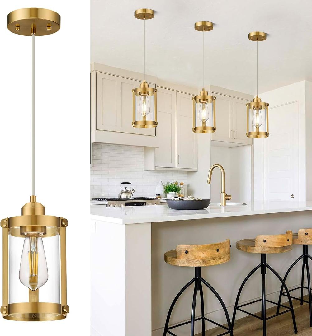 Brushed Gold Pendant Lights Kitchen Island, 1-Light Modern Brass Mini Hanging Light Fixtures with Clear Glass, Farmhouse Kitchen Pendant Lighting Over Island for Sink, OS-3014-1PBG