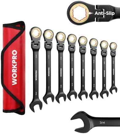 WORKPRO Ratcheting Combination Wrench Set, 8-piece Flex-Head Anti-Slip Set SAE 5/16-3/4 inch, 72-Teeth, Cr-V Constructed, Black Electrophoretic Coating with Rolling Pouch
