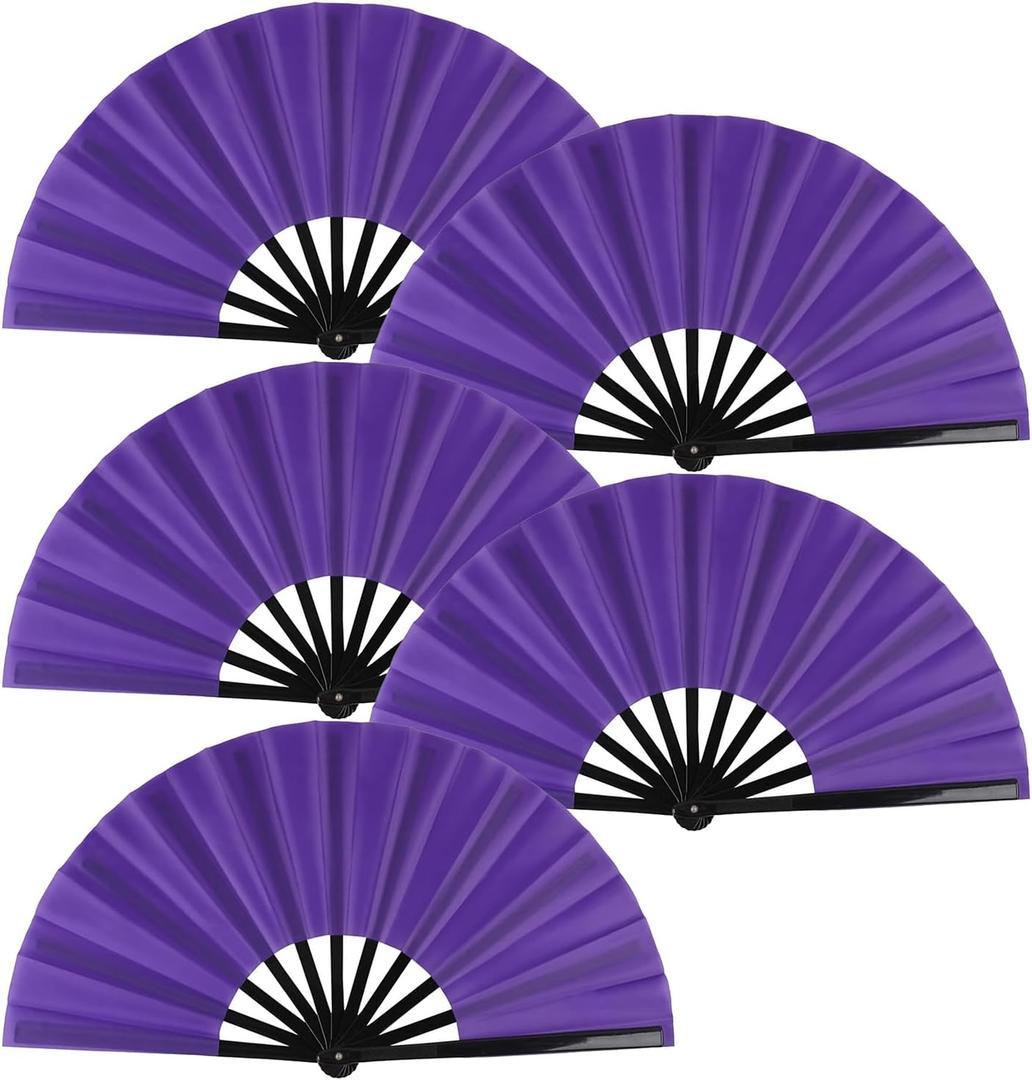 BRYCTSISEN 5 Pack Large Folding Fan Popping Fabric Handheld Rave Foldable Fans for Line Dance Parties Outdoor Events Performance Decorations (Purple)