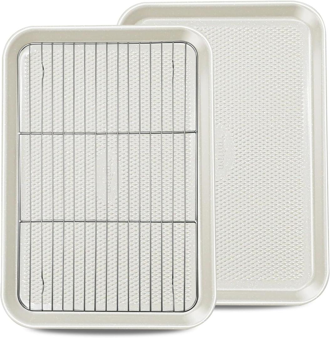 2-Pack 12x17 Half Sheet Pan Baking Sheet Set with Wire Rack - Nonstick 0.8mm Thick Carbon Steel, Cookie Sheets for Baking, Dishwasher Safe, Warp Resistant, Oven Safe 450F, Salted Gray