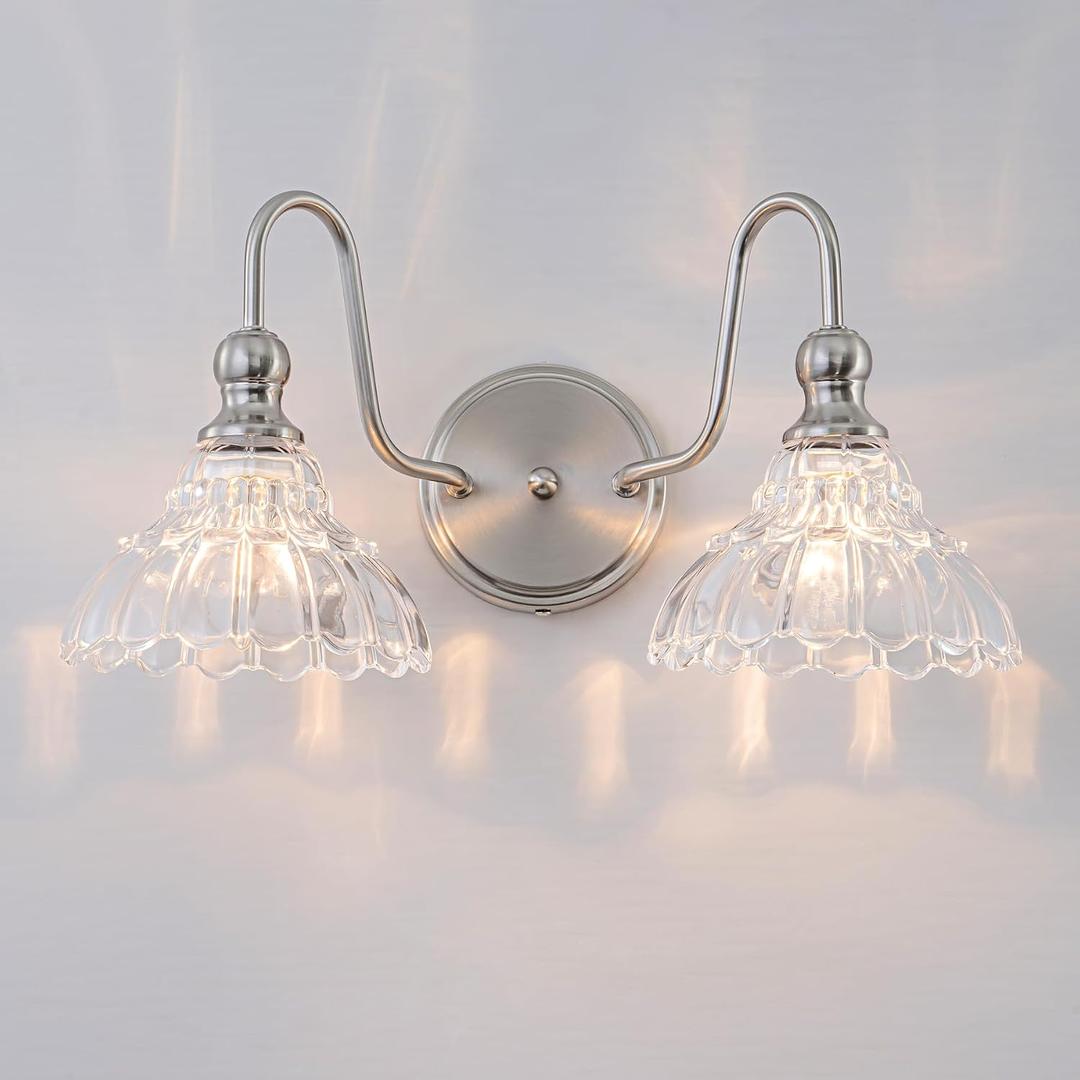 Vintage Bathroom Light Fixtures Over Mirror, 2-Light Brushed Nickel Wall Sconce Lighting with Flower Glass Shade, Farmhouse Vanity Lights for Bedroom Kitchen Living Room Hallway Light