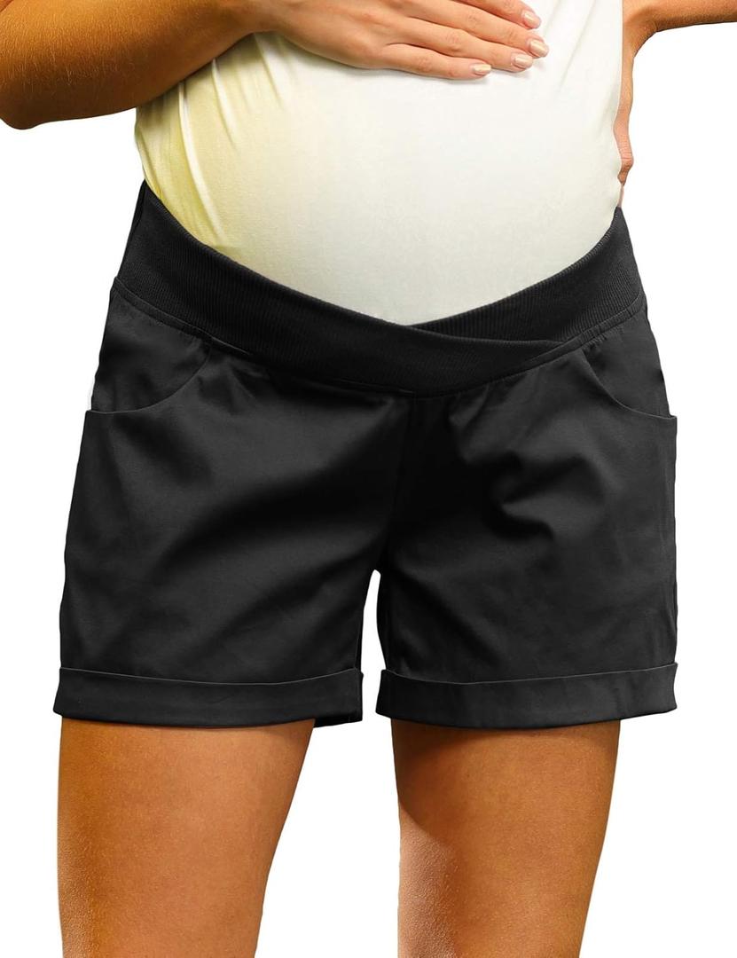 Women's Maternity Relaxed Fit Solid Casual Shorts with Folded Hem Black XX-Large