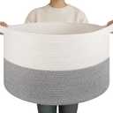 OIAHOMY 90L XXXLarge Blanket Basket for Living Room, 21.7" x 13.8" Woven Cotton Rope Laundry Basket for Organizing Pillows, Decorative Stuffed Animal Toy Storage Bin for Nursery, White and Light Grey