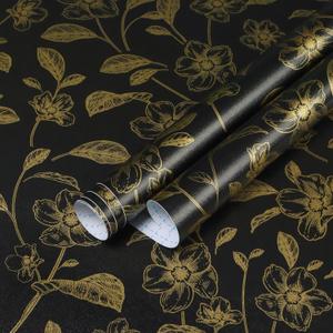Heroad Floral Wallpaper Black and Gold Contact Paper Boho Wall Paper Peel and Stick Modern Removable for Cabinets and Drawers Waterproof Self Adhesive 17.3" x 78.7"
