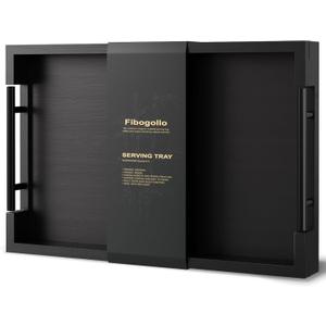 Fibogollo Bamboo Serving Tray with Metal Handles,15x10in Ottoman Decorative Trays Platter for Coffee Table,Living Room,Bar,Party,Medium(Black)