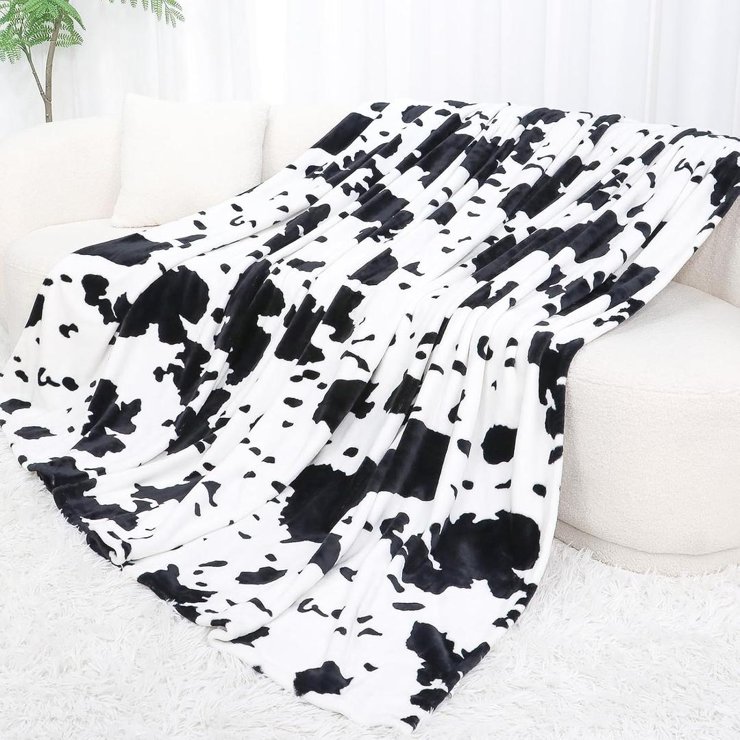 Cow Print Blanket Twin Size - Soft Fleece Throw for Couch, Sofa, Bed, Travel & Camping - Lightweight Black & White Cozy Blanket (60"x80")