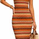 Women's Boho Square Neck Sleeveless Beach Bodycon Midi Dress (Orange, M)