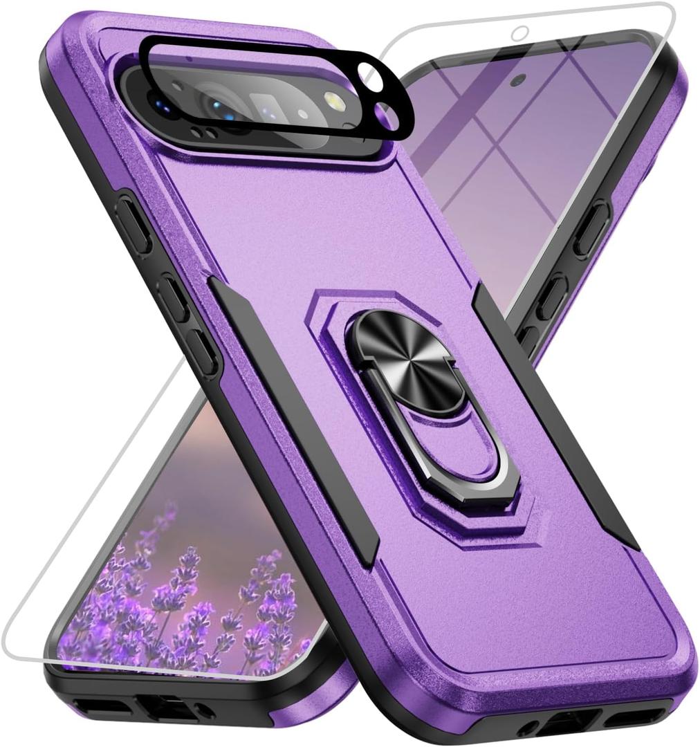 for Google Pixel 9 Pro XL Case [15 FT Military Grade Drop Protection] with Screen Protector & Lens Protector Heavy-Duty Shockproof Kickstand Case for Pixel 9 Pro XL Purple
