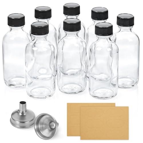 AOZITA 8 Pack, 2 oz Small Clear Glass Bottles w/Lid & 2 Funnels - 60ml Boston Shot Bottles for Health, Immunity, Potion, Wellness, Sample, Ginger, Juice - Mini Personal Care & Beauty Travel Bottle