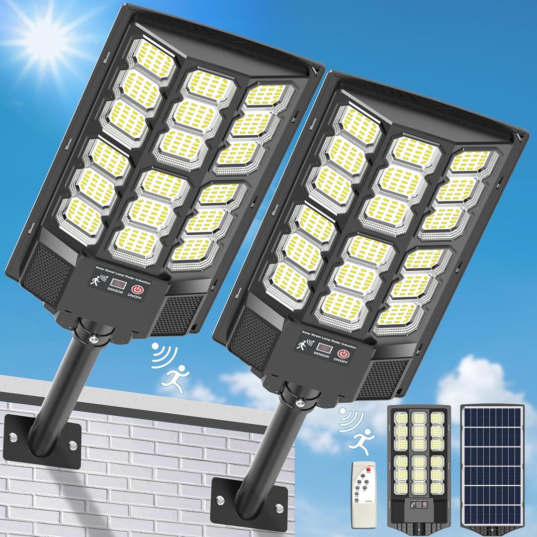 Solar Lights Outdoor, IP66 Waterproof Dusk to Dawn Bright Solar Street Lights, Flood Light with Motion Sensor and Remote Control, Solar Powered Security Light for Yard Fence Patio 2-Pack