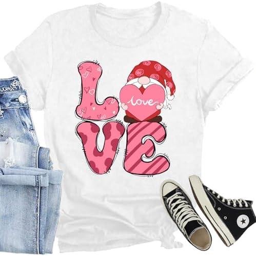 CQF Women Valentines Day Shirts Cute Gnome Love Heart T-Shirt Casual Lover Wife Day Tee Tops, L