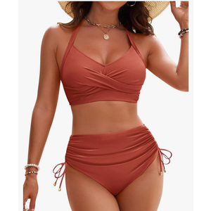 Womens High Waisted Bikini Sets Drawstring Tummy Control Swimsuits Crisscross Tie Back Bathing Suit, M