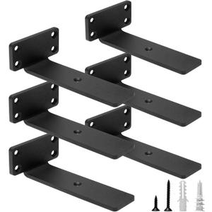 HITOMEN Heavy Duty Floating Shelf Brackets, 6-Inch (1/5'' Thick) Hidden Shelves Hardware, Cast Iron L Brackets, Rustic Industrial Black Metal Wall Shelving Supports, 6 Pack