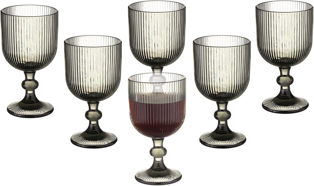 Vintage Wine Glasses Set of 6, 11 Ounces Colored Glass Water Goblets, Unique Embossed Pattern High Clear Stemmed Glassware Wedding Party Bar Glass Drinking Cups Fancy Glasses Vertical Line Grey (Gray)