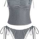 ZAFUL Women's Gingham Ruched Bowknot Decor Cinched Back Tankini Set Tummy Control 2 Piece Bikini Swimsuits (Medium, 1-black)