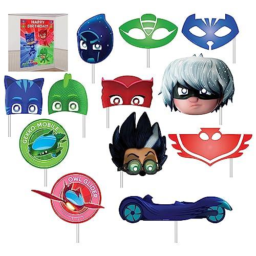 Multicolor Paper PJ Masks Scene Setter With Props - Include: 4 Paper Pcs. (40" x 27.75"), 12 Photo Props (Pack Of 16) - Vibrant Design, Perfect For Kids Birthday Parties, Events, & More