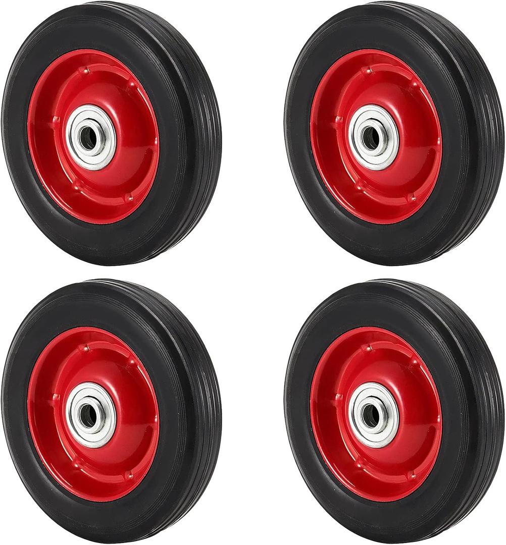 4 Pack 6 x 1.5 Inch Solid Rubber Wheels, 1/2 Inch Bore Axle Replacement Hand Truck Wheel with Ball Bearing, 176 Lbs Capacity Flat Free Rubber Tire (Red)