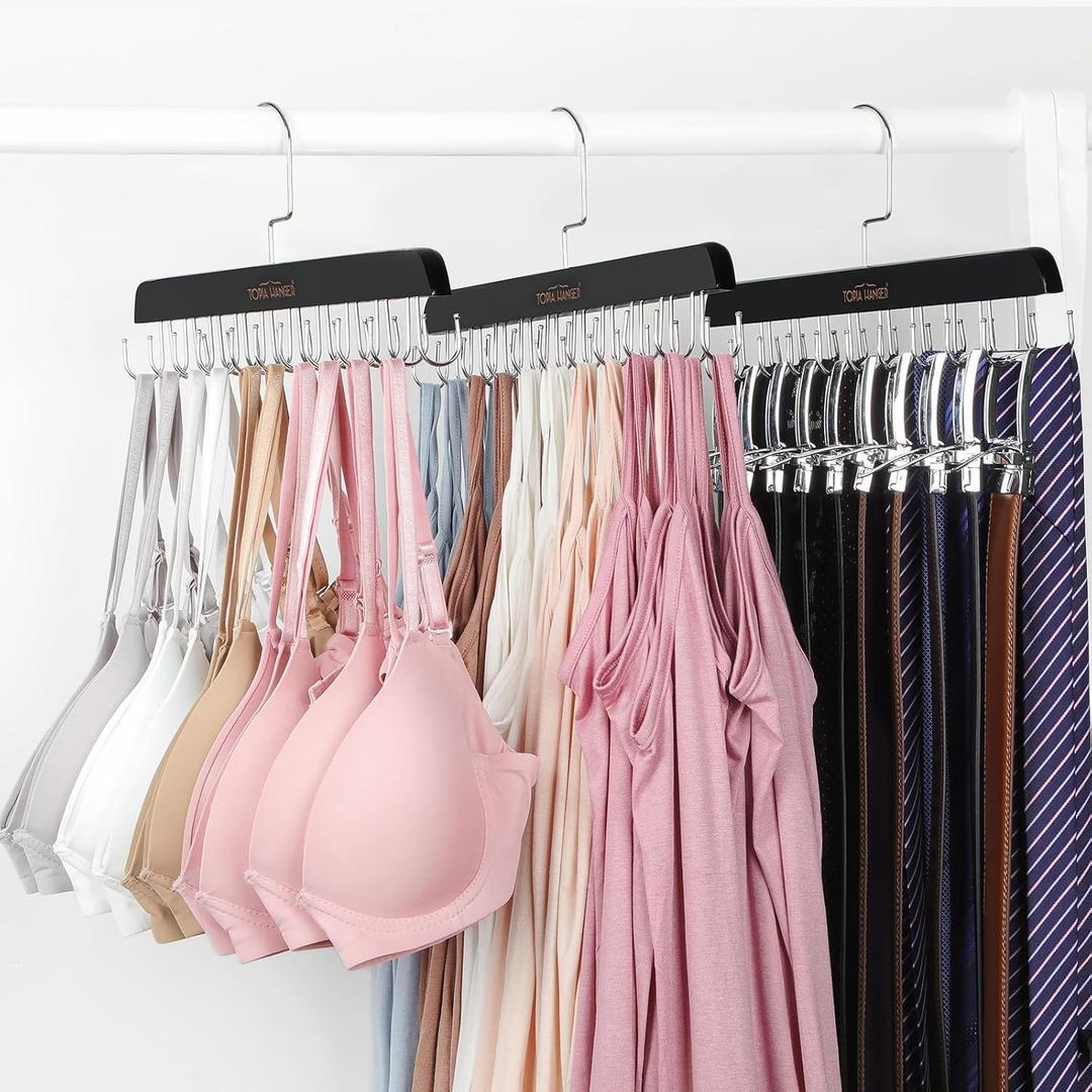 TOPIA HANGER Bra Hanger for Closet, 2 Pack Tank Top Hangers 40 Hooks Capacity Foldable Wood Space Saving Hangers Closet Organizer for Tank Top, Bra, Scarf, Belt, Tie etc - CT46B-2
