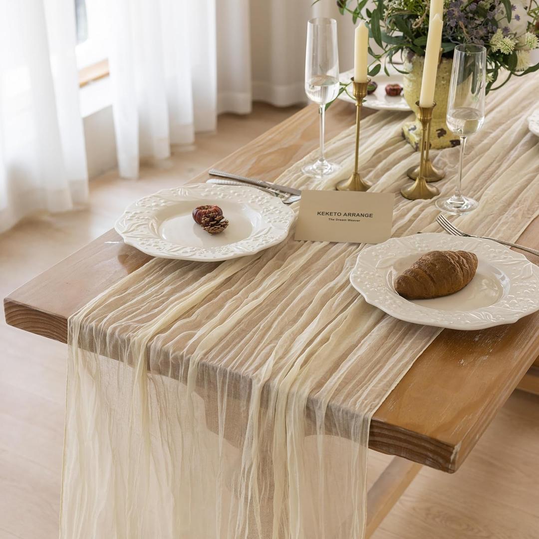 Keketoarrange Beige Table Runner Shee French Country Decor Rustic Gauze Bali Yarn Cheesecloth 120 Inch 10 FT Cheese Cloth for Wedding Baby Shower Bridal Shower Party Spring Summer Home Decorations