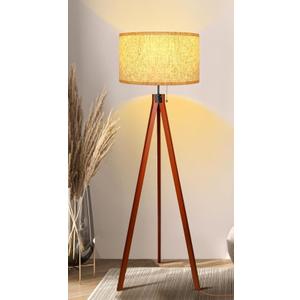Wood Tripod Floor Lamp, 3 Color Temperatures Mid Century Modern Boho Floor Lamp, Tall Standing Lamps for Living Room Bedroom Office, Flaxen Lamp Shade with E26 Lamp Base