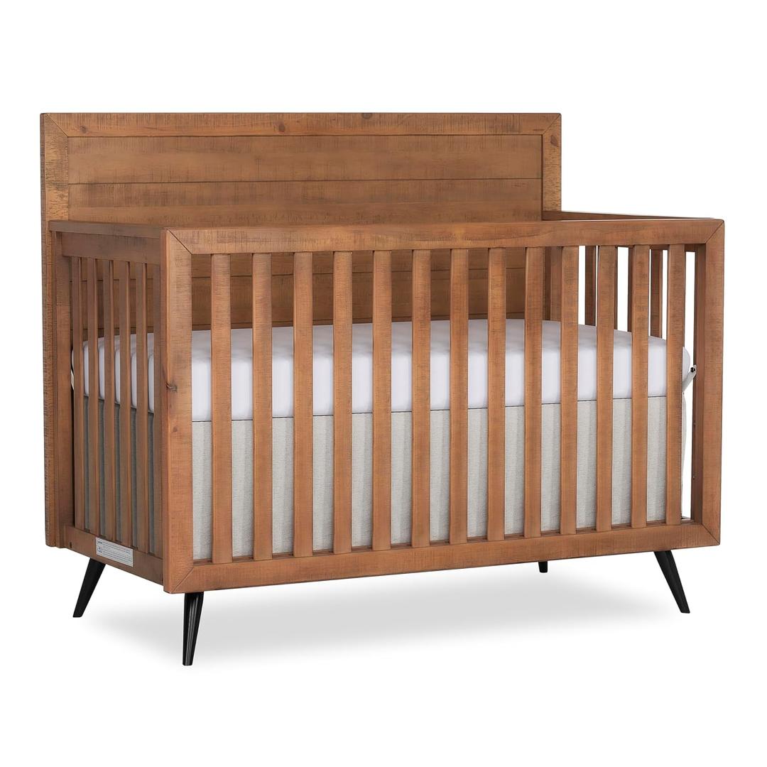 Evolur Stilnovo Mid-Century 4-in-1 Convertible Crib in Sugarcane Greenguard Gold Certified, Solid Wood Construction, 3 Mattress Heights Converts to Toddler, Daybed & Full-Size Bed