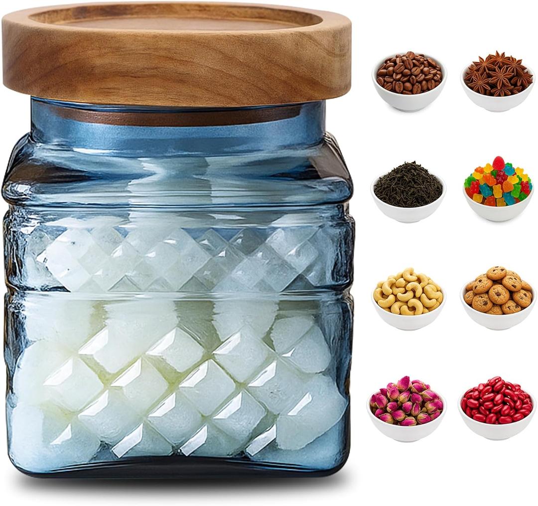 Vintage Glass Jars for Kitchen Storage  21.6 OZ Square Candy Canister with Acacia Lid, Food Storage Container for Coffee, Sugar, Candy, Tea - Farmhouse Counter Decor for Rustic Home (Blue)