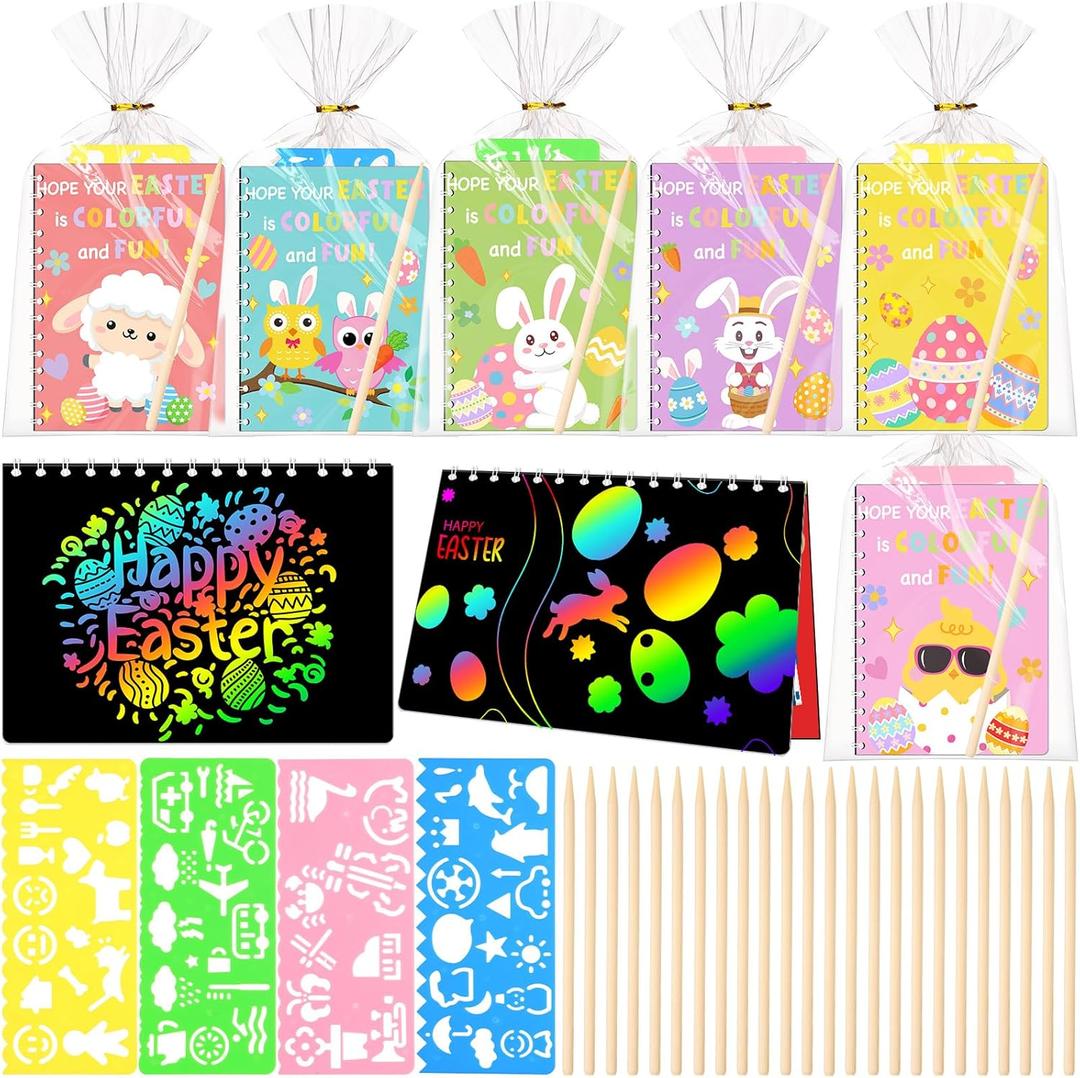 24 Sets Easter Classroom Gifts for Students Kids Bulk, Easter Rainbow Scratch Notebook Party Favor, Goodie Bag Basket Stuffer, School Class DIY Craft with Stencils, Pens, Teacher Prize Supply