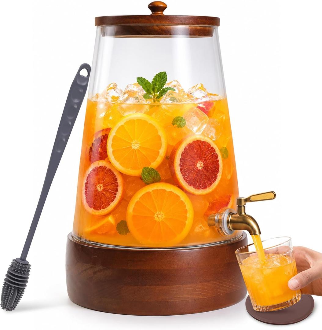 Glass Drink Dispenser with Spigot, 1.72 Gallon, Acacia Wood Stand