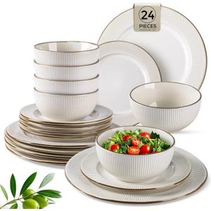 GBHOME Ceramic Dinnerware Sets, 24 pcs Embossed Elegant Stoneware Plates and Bowls Sets, Housewarming Wedding Gift | Dishwasher & Microwave Safe | Dishes Set Service for 8