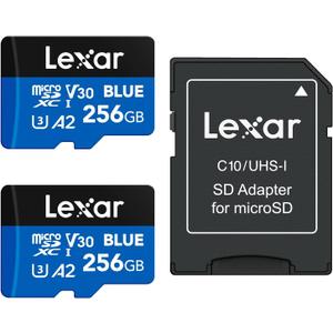 Lexar 256GB 2 Pack Blue Micro SD Card Up to 160MB/s, microSDXC UHS-I Memory Card with SD Adapter, C10, U3, A2, V30, Full HD, 4K UHD, High Speed TF Card