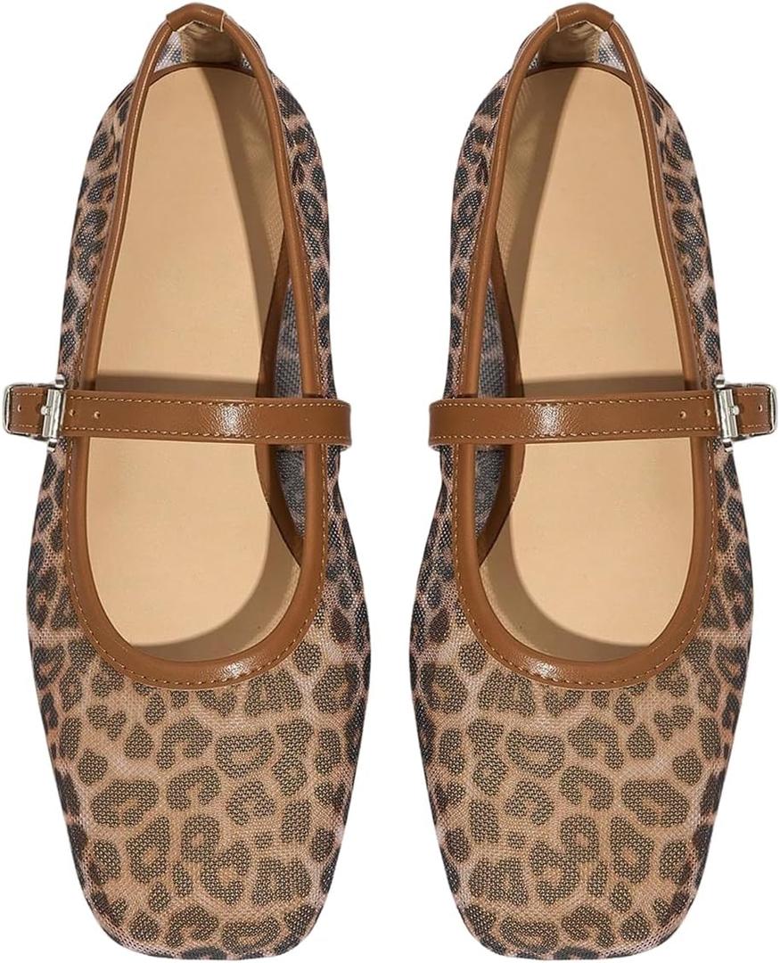 Milumia Women's Leopard Print Mesh Ballet Flats Trendy Square Closed Toe Maryjane Flat Shoes (9.5, Brown)