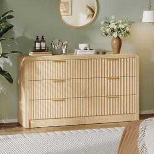 Fluted 6 Drawers Dresser for Bedroom,55'' Wide Wood Dressers with Gold Handles, Modern Dressers with Wave Texture, Large Storage Chest of Drawers, Bedroom Dresser Organizer (Natural Oak)