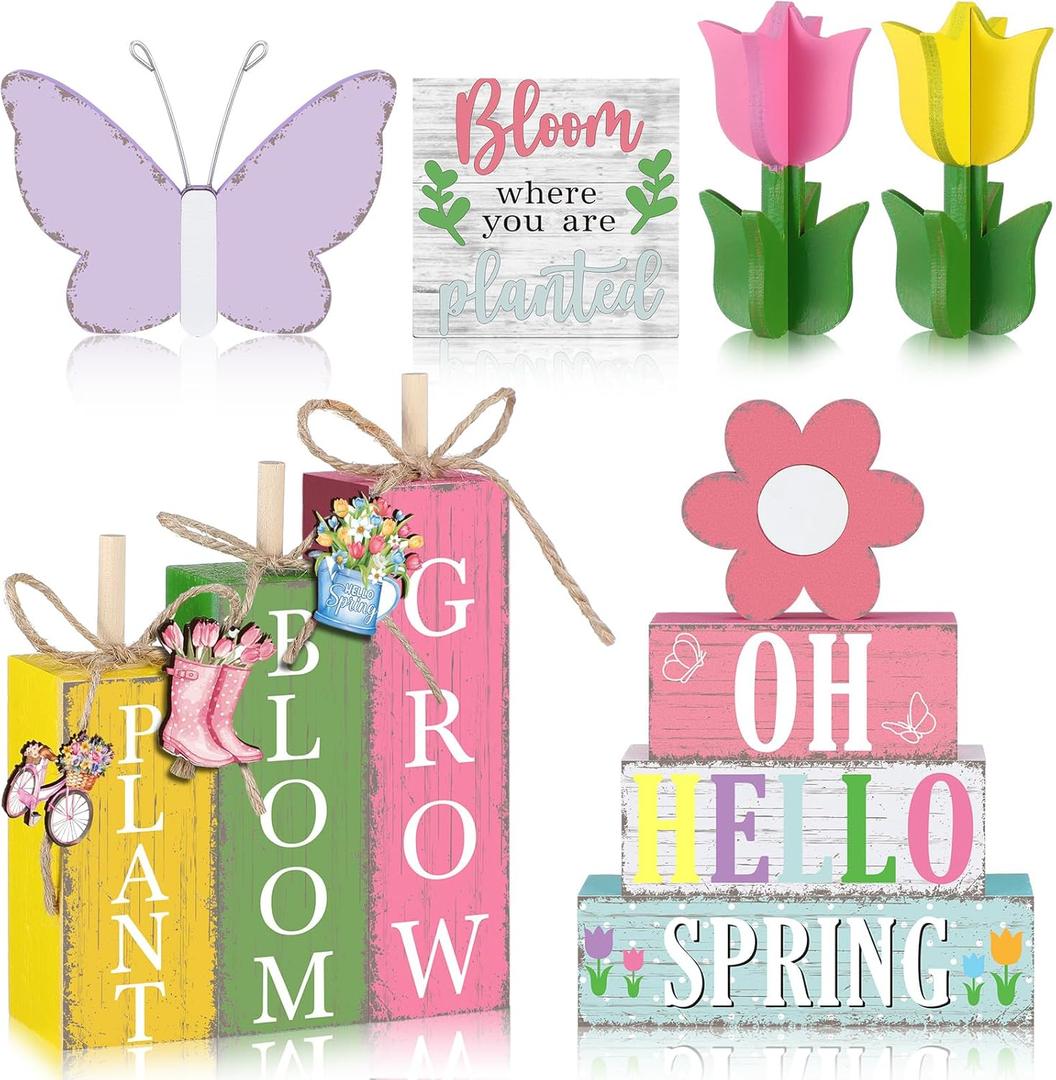 Vercraft 11 Pcs Spring Table Decorations Tulips Tiered Tray Decor Butterflies Home Centerpiece Decorative Wood Books Table Top Decor Flower Wooden Sign for Party Supplies