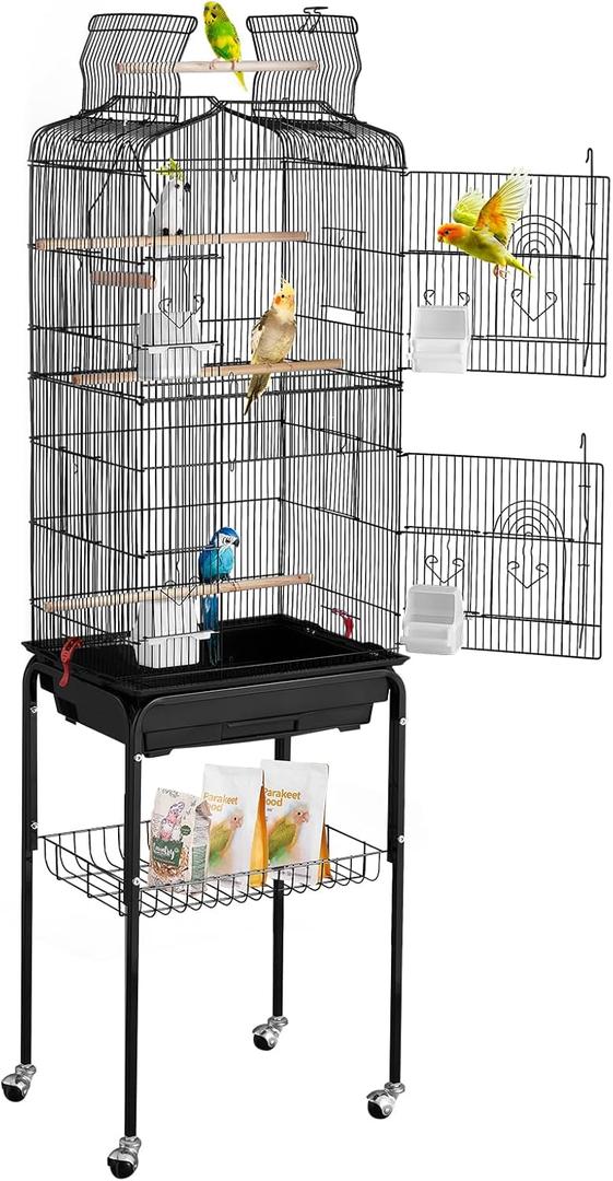 VEVOR 64-inch Open Top Large Parrot Bird Cage with Detachable Rolling Stand for Parakeets Finches Canaries Lovebirds Cockatiels Budgies Small Quaker Conures Flight Birdcage with Swing and Perch