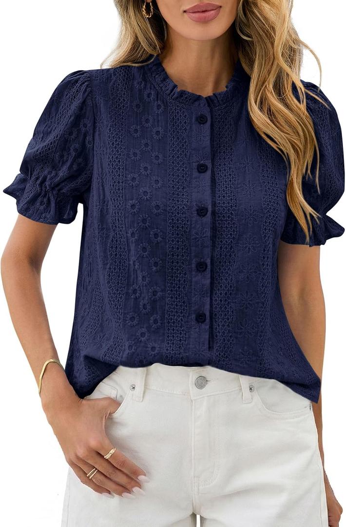 PRETTYGARDEN Womens Puff Short Sleeve Tops 2026 Summer Spring Button Down Boho Embroidered Cute Blouse Dressy Casual Shirts (Blue, L)