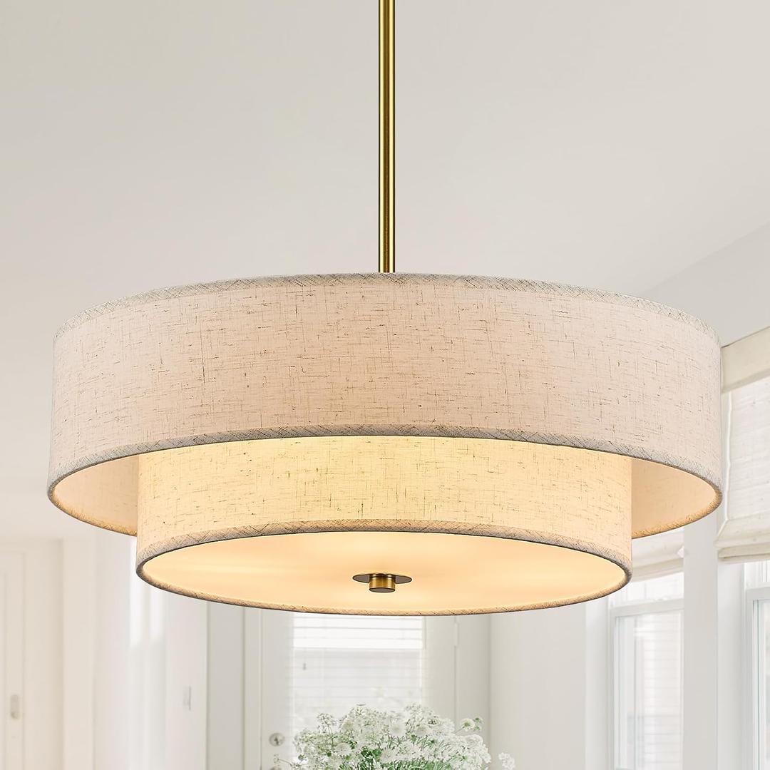 Gold Modern Chandelier 18'' Drum Chandeliers with 2-Layer Fabric Shade 4-Light Linen Pendant Light Fixture for Dining Room Bedroom Kitchen Hallway Foyer