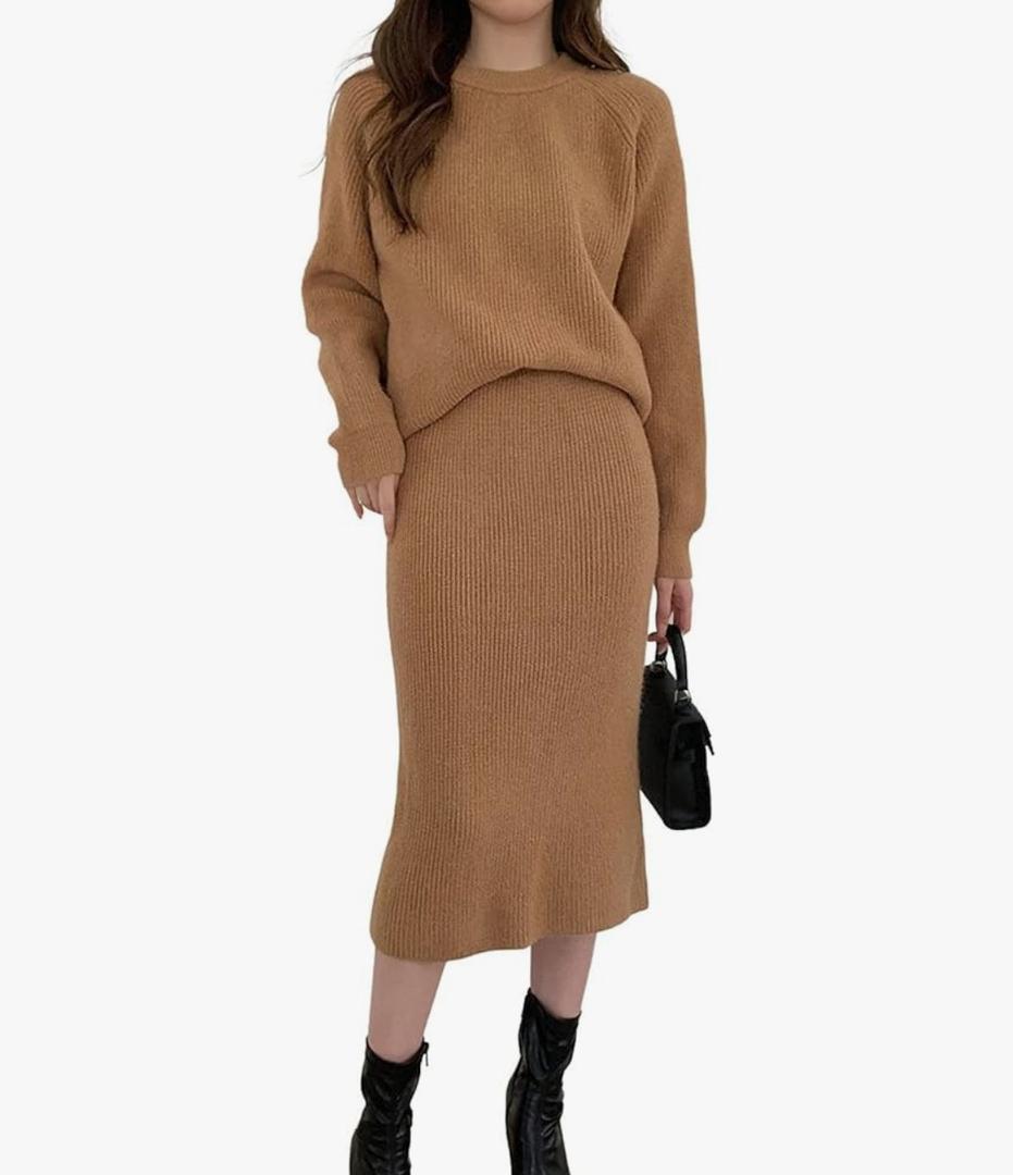 chouyatou Women's Two Piece Sweater Skirt Sets Knit Sweater Top Bodycon Skirt 2 Piece Outfits, XXL