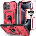 Compatible with iPhone 15 Pro Max Case with 2 Tempered Glass Screen Protectors,Built-in Kickstand Ring with Camera Cover Shockproof Military Grade Drop Heavy Duty Protection Phone Bumper Red