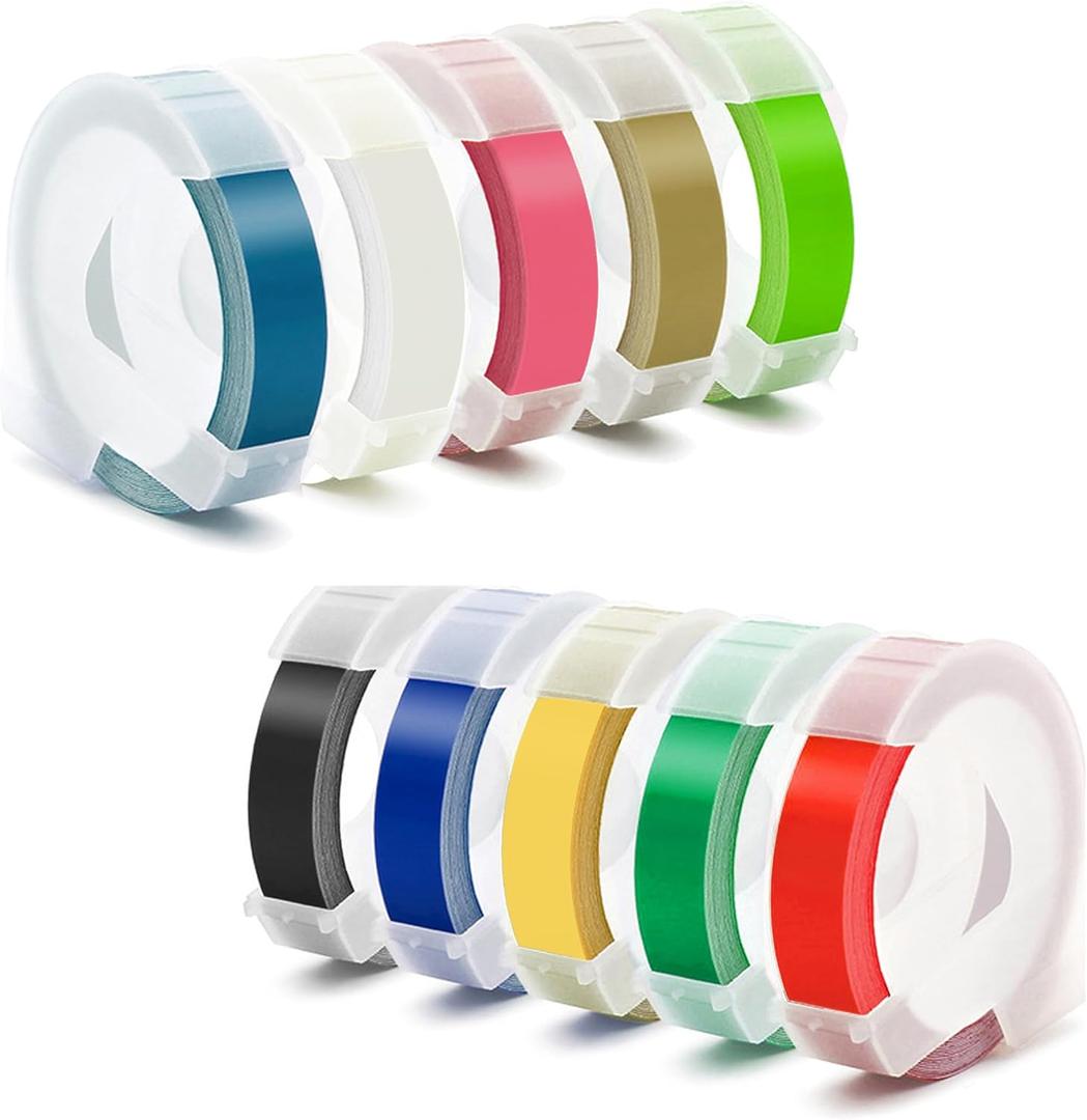 Replacement 3D Embossing Labels Tape Compatible with Dymo Embossing Label Maker DIY Manual Label Printer,1/4''x 9.8',10 Colours Plastic Organizer Embossing Label Makers 1610 Tape 10 Rolls (Wide 1/4'' (6mm))
