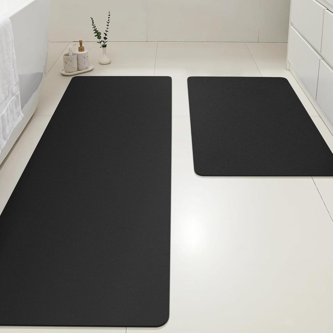 ACCUMTEK Ultra Thin Bath Mat Fit Under Door 2 Piece, Upgrade Backing Non Slip Bath Mat, Quick Dry Ultra Absorbent Bathroom Rugs, Machine Washable Bath Mats for Bathroom, Bathtub & Kitchen, Jet Black