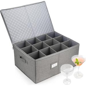 LotFancy Stemware Storage Container for Moving, Hard Shell, Wide Wine Glass Storage Box with Dividers & Handles, Stackable, Foldable Crystal Glassware Case, 21x15.5x10, Grey (Gray)