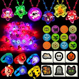 100 PCS Halloween Party Favors for Kids, Halloween Glow in the Dark Toys Rotating Spin Light Up Necklaces, LED Rings Bracelets Balls Decorations, Halloween Trick or Treats Classroom Goodie Bag Fillers