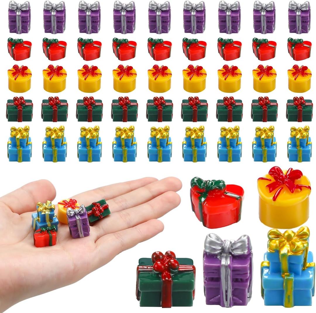 Bucherry 50 Pcs Miniature Gift Boxes Figurines Resin Charms DIY Craft for Garden Accessories Christmas Decoration Phone Case Making(Cute Style)