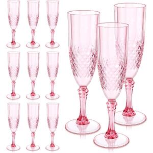 Dualshine 12 Pcs Champagne Flutes Plastic, Pink Wine Glasses, Plastic Goblets, Reusable Champagne Flute for Wedding, Hotel, Bar, Bachelor PartiesPink