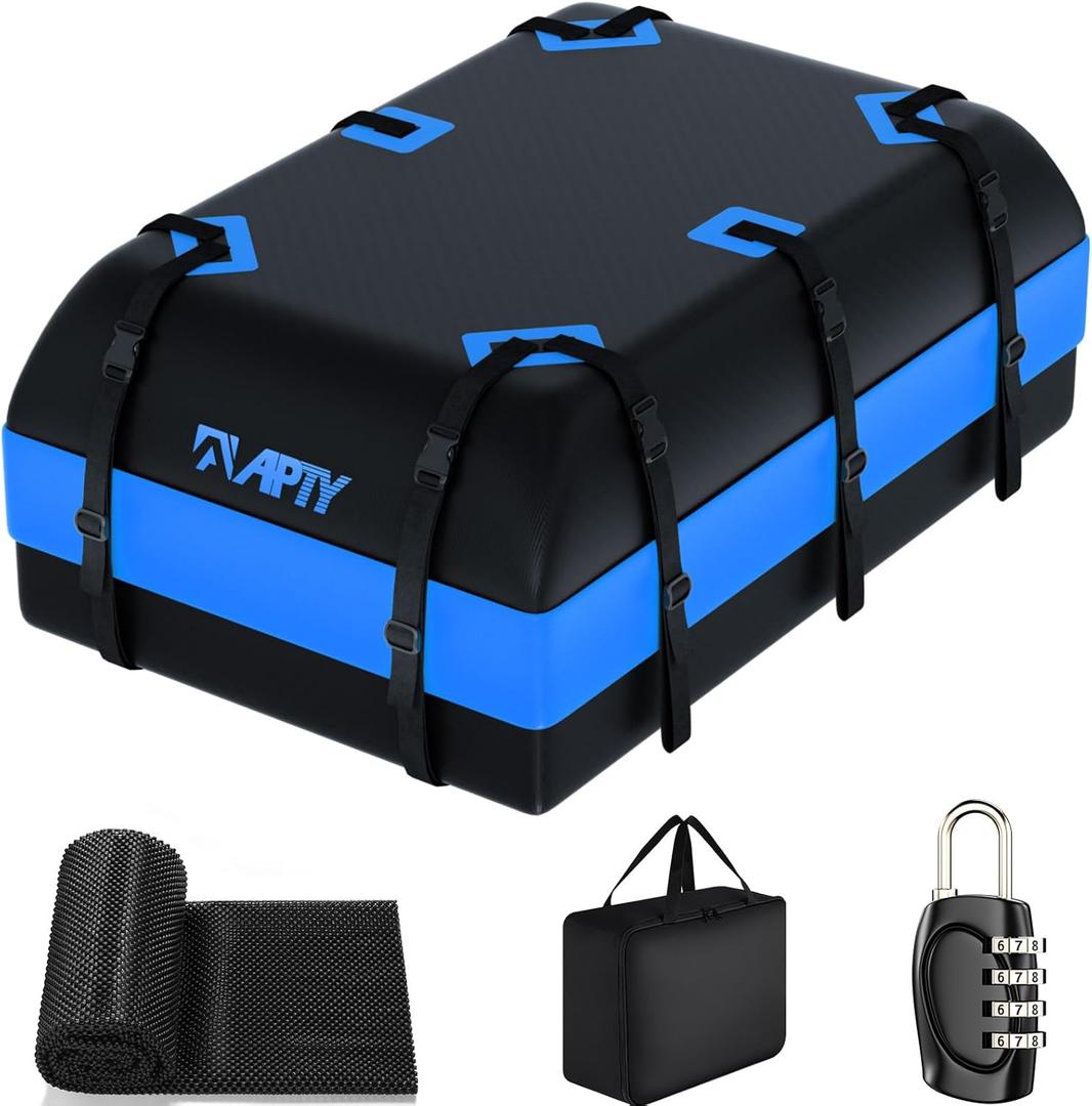 APTY 23 Cubic Feet Car Rooftop Cargo Bag Carrier, Soft Roof Top Luggage Bag for All Vechicles with/Without Racks - with Waterproof Zip, Luggage Lock, Anti-Slip Mat, Storage Bag, Door Hooks, Blue
