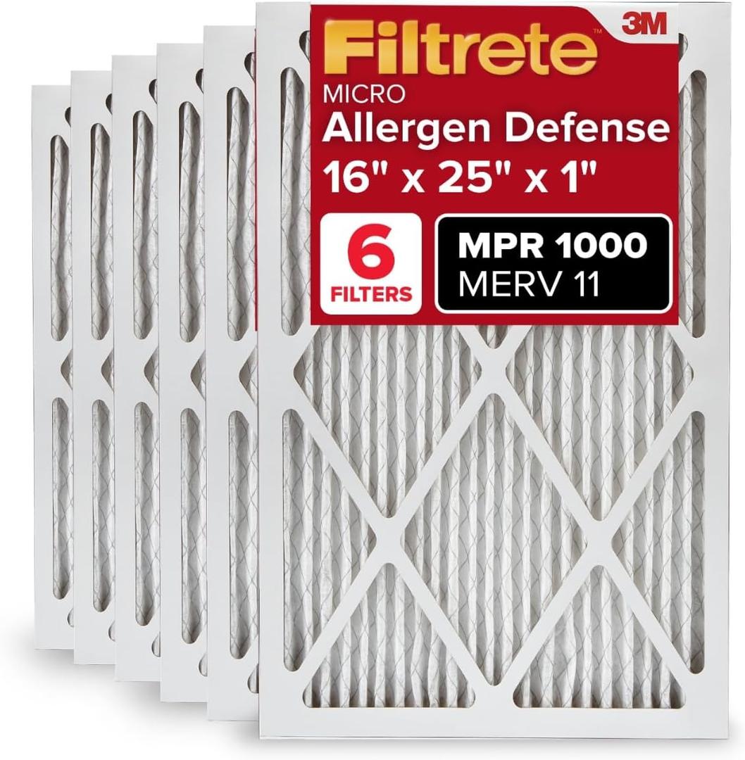 Filtrete 16x25x1 AC Furnace Air Filter, MERV 11, MPR 1000, Micro Allergen Defense, 3-Month Pleated 1-Inch Electrostatic Air Cleaning Filter, 6 Pack (Actual Size 15.69 x 24.69 x 0.81 in)
