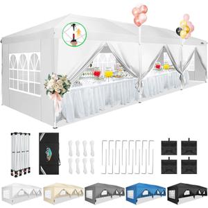 COBIZI 10x30 Pop Up Canopy Tent for Parties with 8 Sidewalls Waterproof Commercial Instant Canopy 10x30 Party Tent for Backyard, Wedding Portable Outdoor Gazebo with Carrybag&4 Sandbags(White