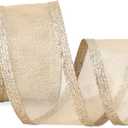 Ribbli Champagne Christmas Wired Ribbon, Metallic Wired Ribbon with Glitter Edge 2-1/2 Inch x 10 Yard for Christmas Tree Decoration, Gift Wrapping, Wreaths Supplies, Swag, Holiday Decor