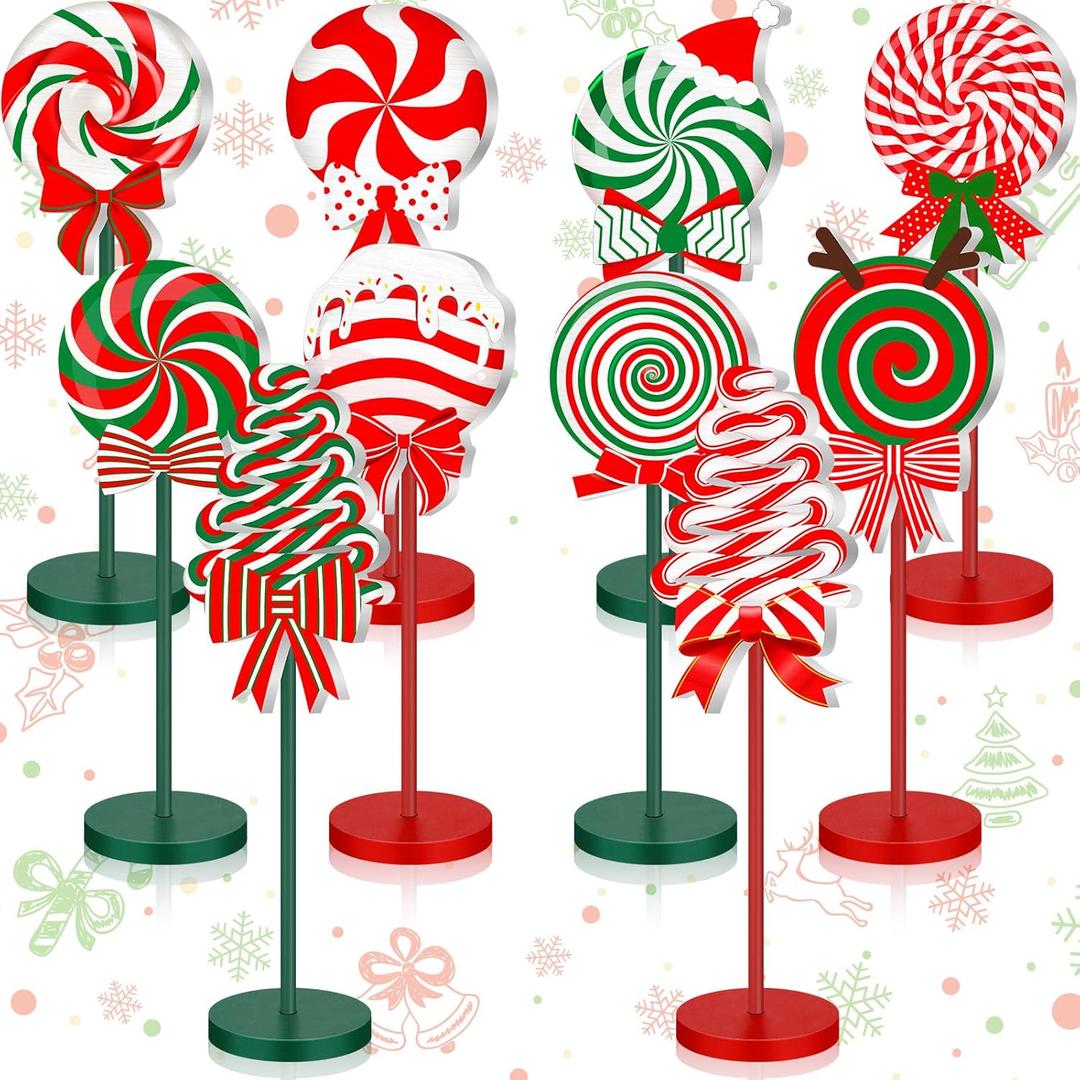 Geelin 10 Pcs Candy Cane Shape Christmas Decorations Wooden Candys Table Centerpiece Sign Decor Xmas Red and Green Tiered Tray for Home Desk Office Party Supplies Decor (Christmas Candy)